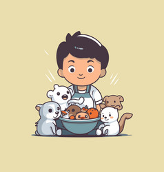 Cute Boy With Dog And Cat In Bowl