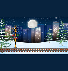 Snow Scene With Train Tracks At Night