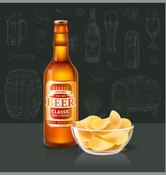 Beer In Bottle And Chips In Glass Bowl On Table