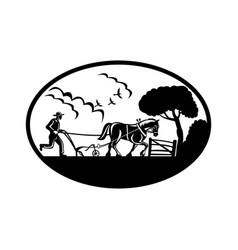 Farmer Plowing Farm Field Oval Retro Woodcut