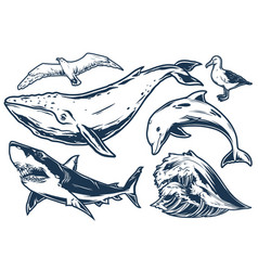 Marine Wildlife Set Monochrome Emblems