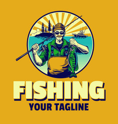 Fisherman Catching Bass Fish Logo Template