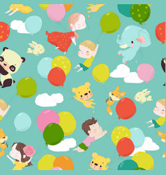 Seamless Pattern With Animals And Kids Flying