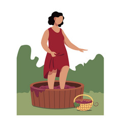 Pretty Lady In Dress Pressing Grapes With Feet