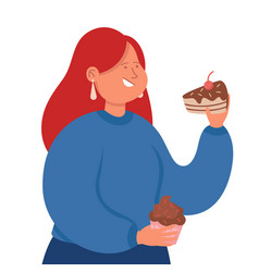 Sweet Tooth Lady Eating Chocolate Cake And Cupcake