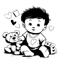 Cute Boy Playing With Teddy Bear - Black And White