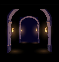 Dark Dungeon Long Medieval Castle Corridor With