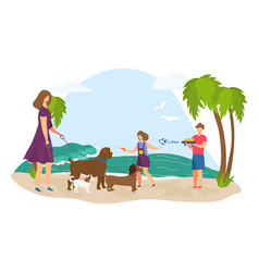 Two Women Walking Dogs And Man With Water Gun