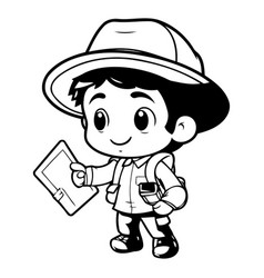 Cute Explorer Boy With Backpack And Tablet Pc