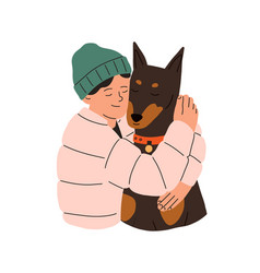 Happy Child Hugging Dog Doggy And Boy Pet Owner