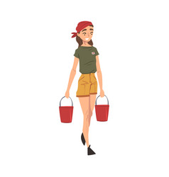 Female Zoo Worker Carrying Two Buckets Water