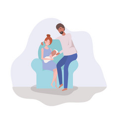 Parents Taking Care Newborn Baby In Couch