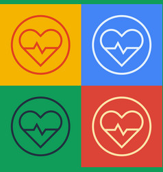 Pop Art Line Heart Rate Icon Isolated On Color