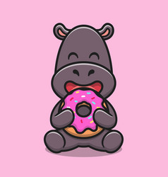 Cute Hippo Eating Doughnut Cartoon Icon