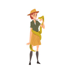 Smiling Female Zoo Worker With Snake Veterinarian