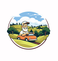 Cartoon Old Man Driving A Car In The Forest