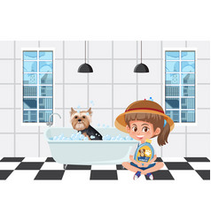 Happy Girl With Her Dog In Bathtub