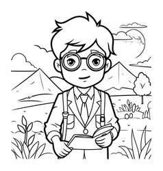 Outline Cartoon Of Boy With Glasses Reading