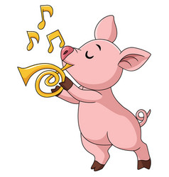 Cute Little Pig Cartoon Playing Golden Trumpet