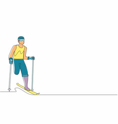 Single One Line Drawing Male Athlete Skier