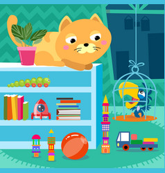 Kitten And Parrot In Room Cartoon Style