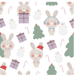 Christmas Seamless Pattern With Cute Rabbit