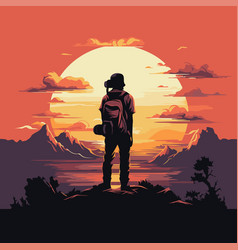 Silhouette Of A Hiker With Backpack At Sunset