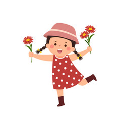 Cartoon Little Girl Jumping With Flowers