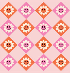 Smiley Groovy Flowers On Diamonds Seamless Pattern