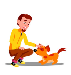 Teen Guy Volunteer Feeding Dog In Shelter