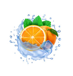 Orange Fruit In Realistic Splash Ice Cube Mint