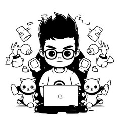 Cute Cartoon Boy With Laptop And Cute Cats