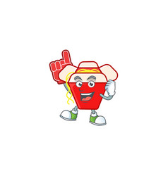 Chinese Box Noodle Mascot Holding A Foam Finger