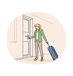 Woman Suitcase Open Door With Key