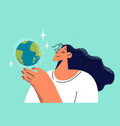 Smiling Woman Holding Planet Earth In Hands