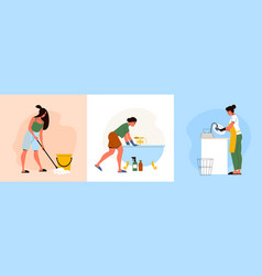 Flat Cleaning Up Design Concept With Three Women