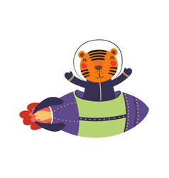 Cute Funny Tiger Flying Space Ship Rocket Cartoon