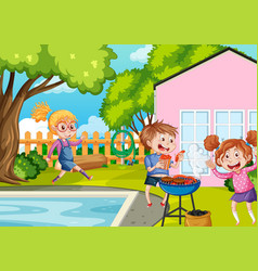 Backyard Background With Cartoon Kids