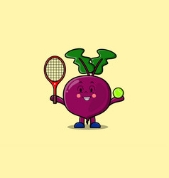 Cute Cartoon Beetroot Character Play Tennis Field