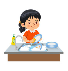 A Little Girl Washing The Dishes In Kitchen