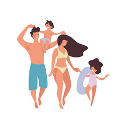 A Family In Swimsuits Is Relaxing And Having Fun