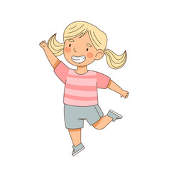 Excited Little Blond Girl Jumping With Joy