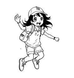 A Girl In Cap And With Backpack Is Jumping