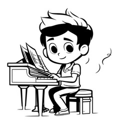 Boy Playing Piano - Black And White Cartoon