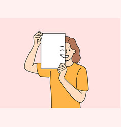 Smiling Woman Holding Piece Of Paper With Emoji