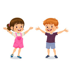 Little Boy And Girl Stand Holding Their Hands Up