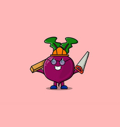 Cute Cartoon Beetroot Carpenter With Saw And Wood