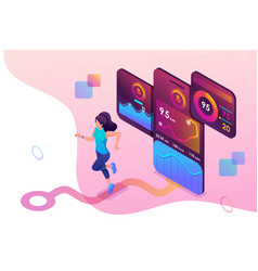 Isometric Concept Young Girl Jogging Running Mob