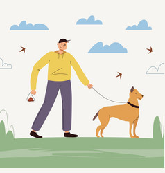 Men Walk Dog On Nature Or Park Landscape