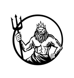 Poseidon Holding Trident Circle Woodcut Black